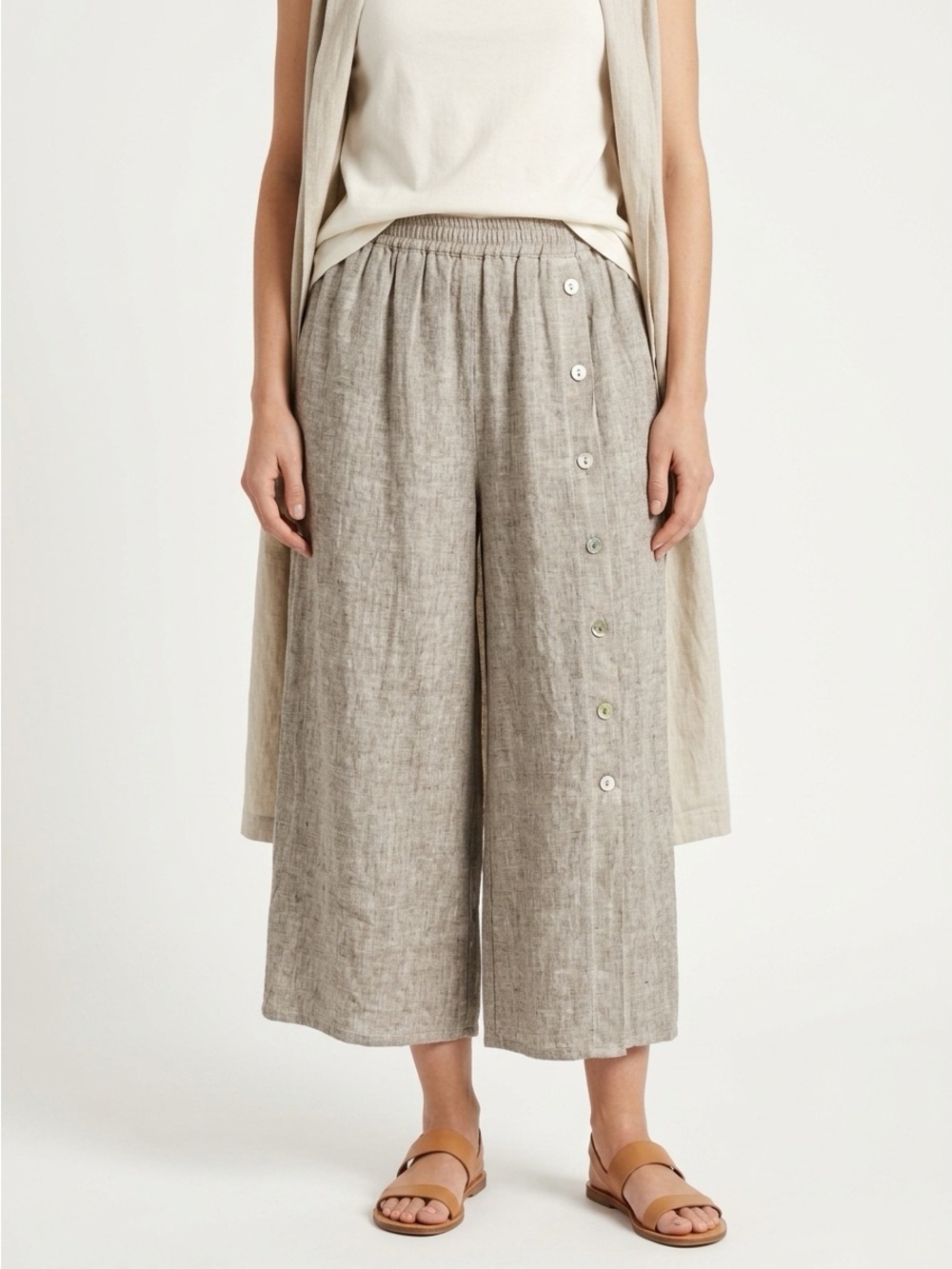 Meo Meli Wide Leg Pants Side Button Lagenlook Linen Beige Small
